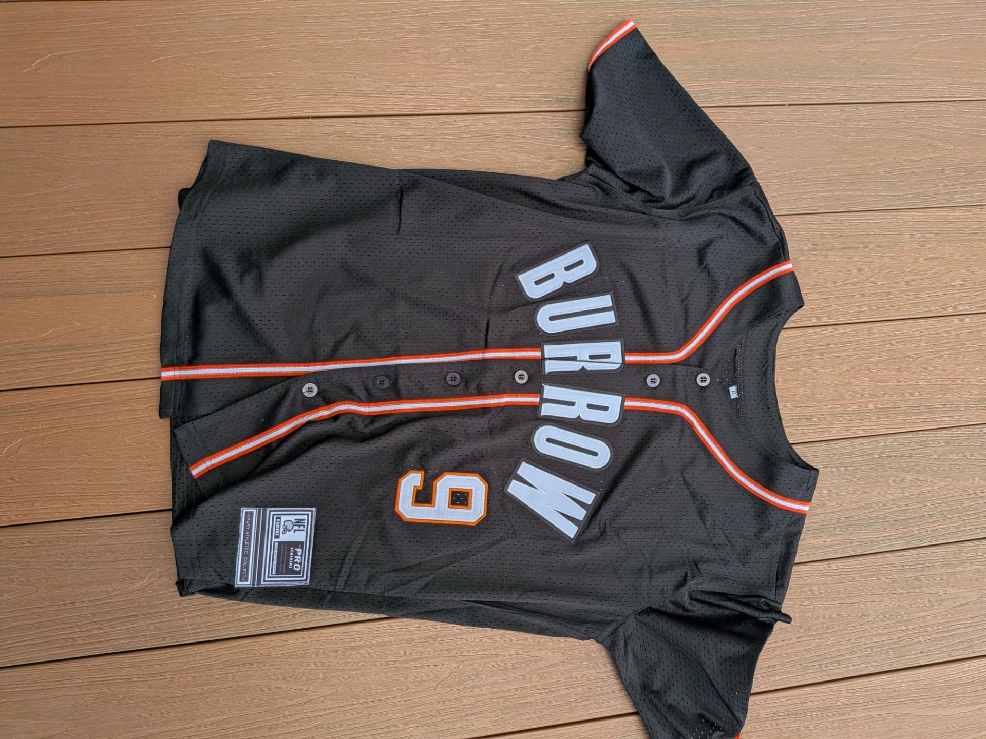 Jersey baseball noir Burrow numéro 9 en filet avec liseré orange