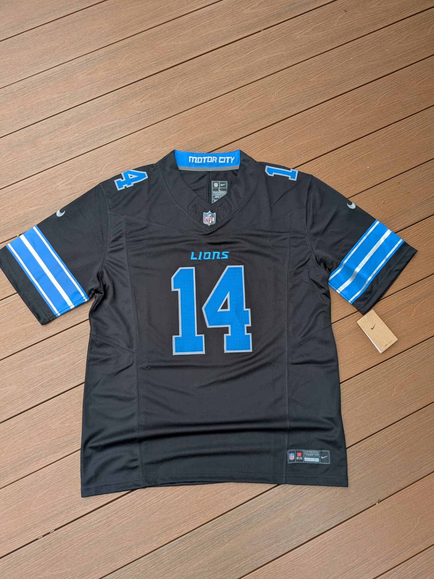 Jersey Detroit Lions noir Motor City numéro 14 avec étiquettes Nike